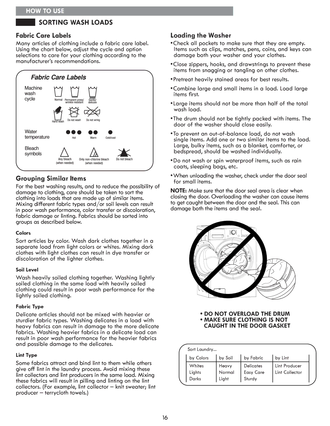 Sears 796.4127 manual Sorting Wash Loads, Fabric Care Labels, Grouping Similar Items, Loading the Washer 