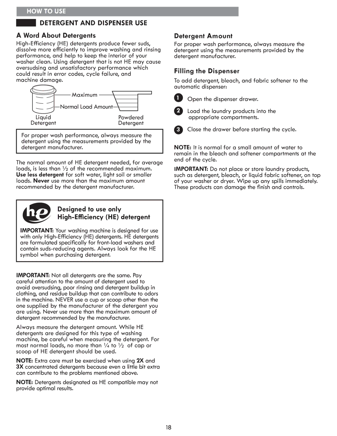 Sears 796.4127 manual Detergent and Dispenser USE, Word About Detergents, Designed to use only High-Efficiency HE detergent 