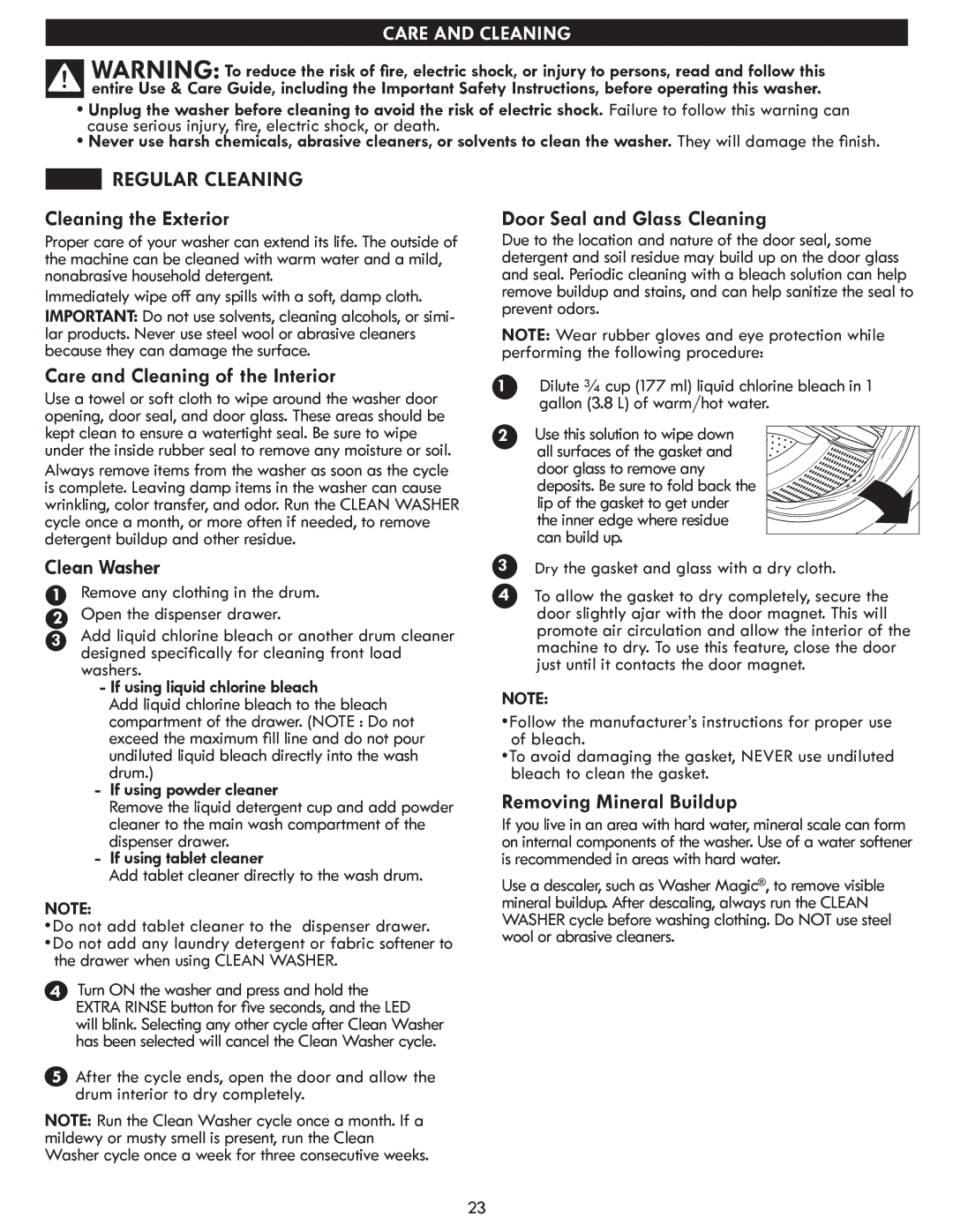 Sears 796.4127 Regular Cleaning, Cleaning the Exterior, Door Seal and Glass Cleaning, Care and Cleaning of the Interior 