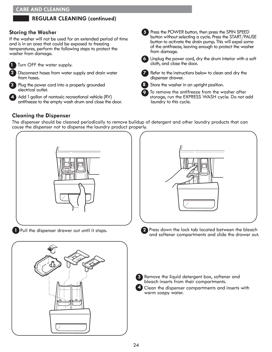 Sears 796.4127 manual Regular Cleaning, Storing the Washer, Cleaning the Dispenser 