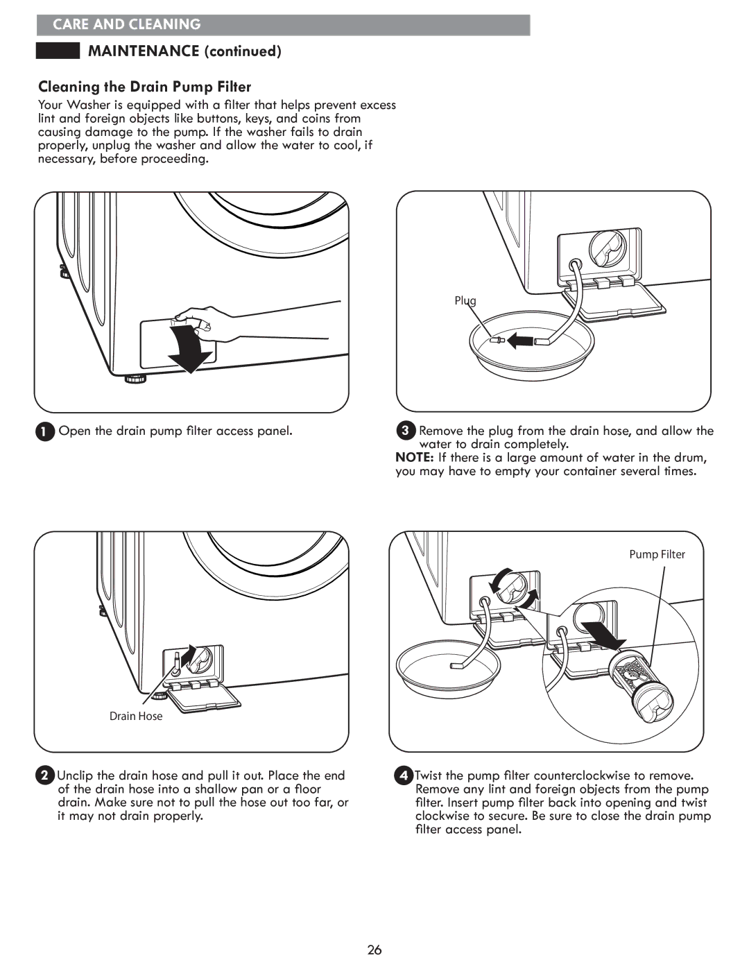 Sears 796.4127 manual Maintenance, Cleaning the Drain Pump Filter 