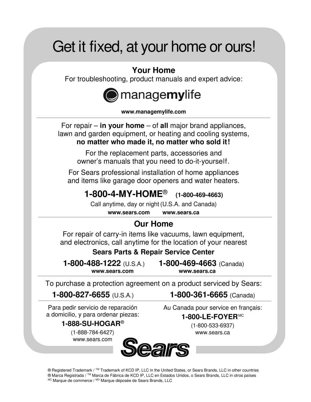 Sears 796.4127 manual Sears Parts & Repair Service Center, Su-Hogar, Le-Foyermc, MY-HOME1-800-469-4663 