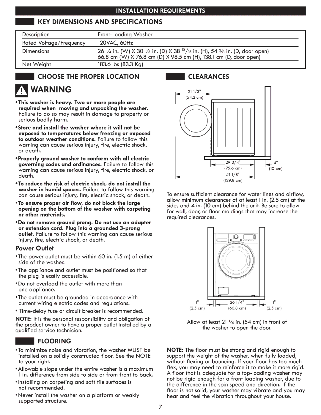 Sears 796.4127 manual KEY Dimensions and Specifications, Choose the Proper Location, Power Outlet, Clearances, Flooring 