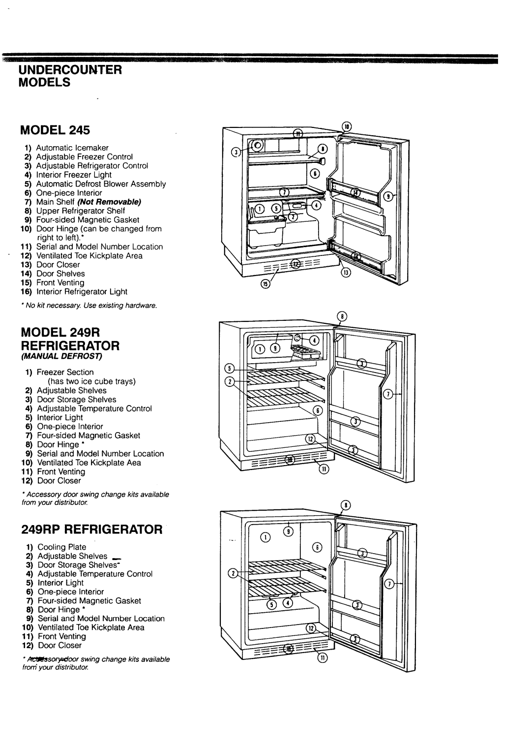 Sears 801RFD, 245, 249FF manual Undercounter, Model 249R Refrigerator, 249RP Refrigerator, Manual Defrost 