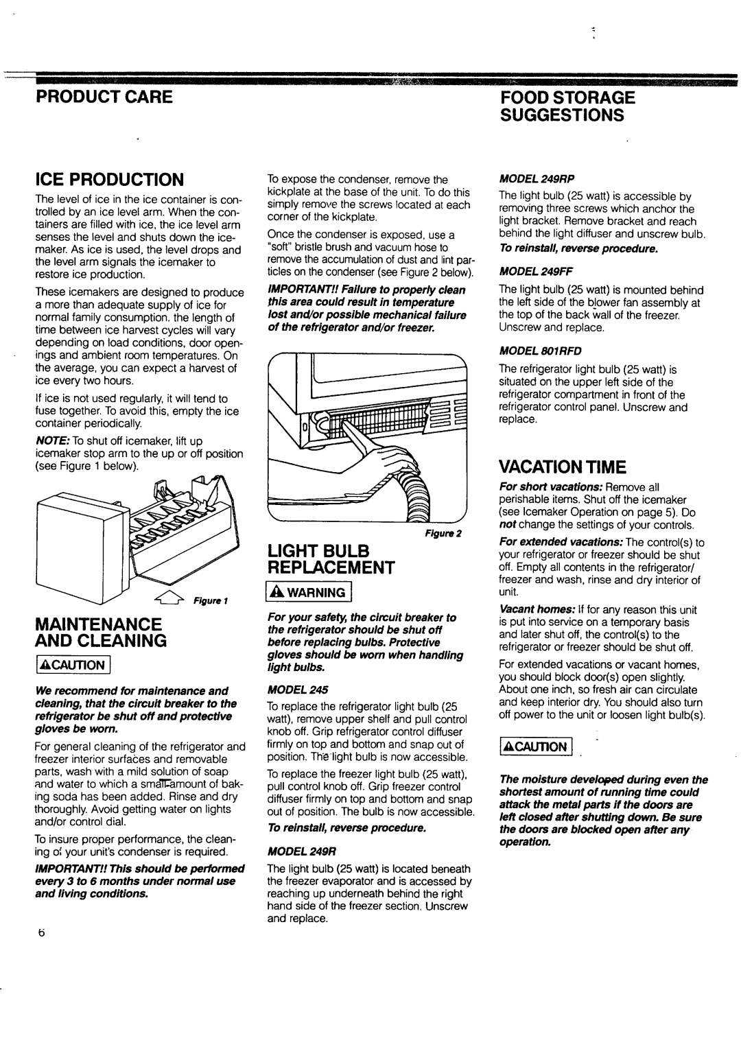 Sears 249RP, 245 Product Care ICE Production, Maintenance, Light Bulb Replacement, Food Storage Suggestions, Vacation Time 