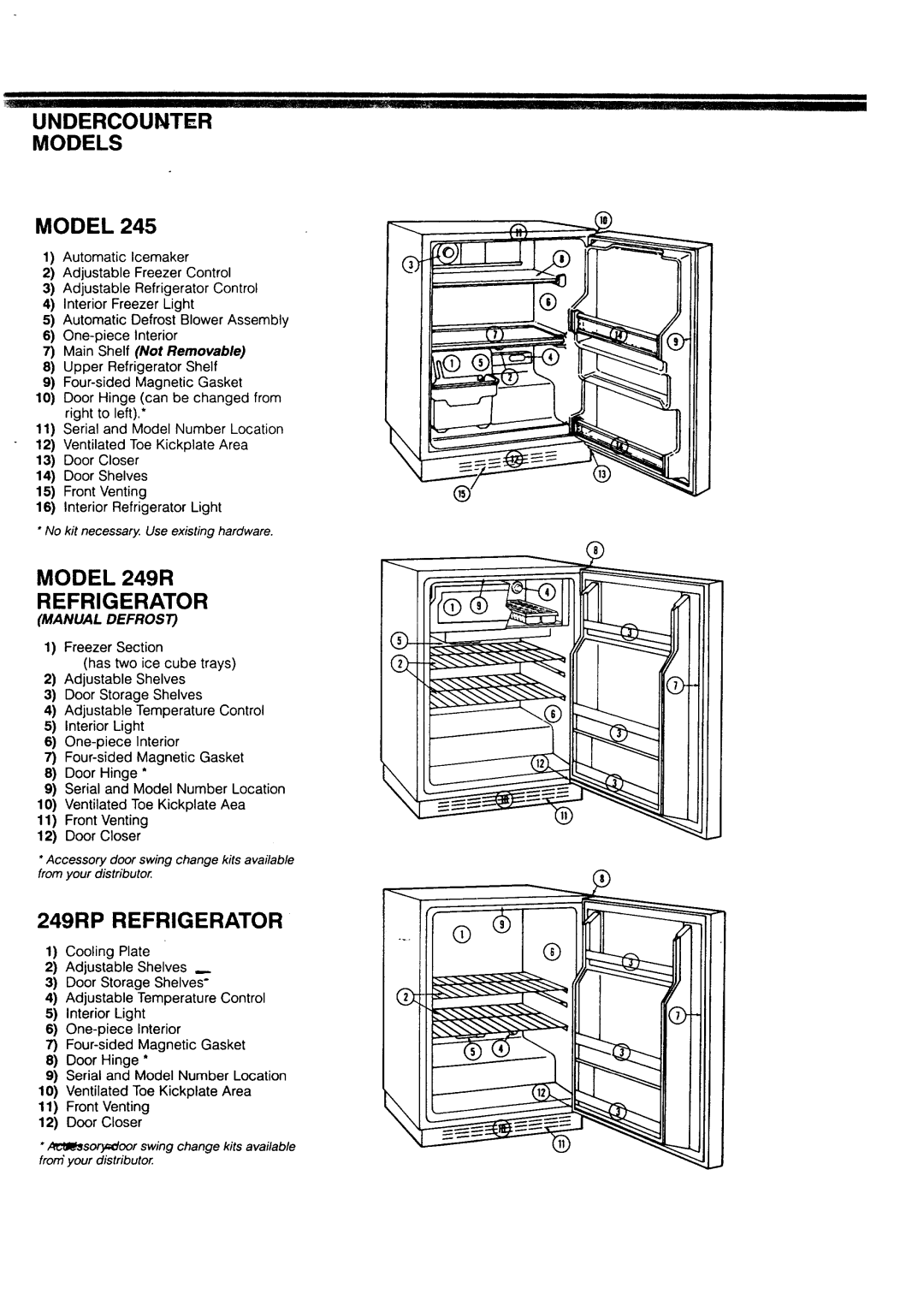 Sears 801RFD, 245, 249FF manual Undercounter, MODEL 249R REFRIGERATOR, 249RP REFRIGERATOR, Models 