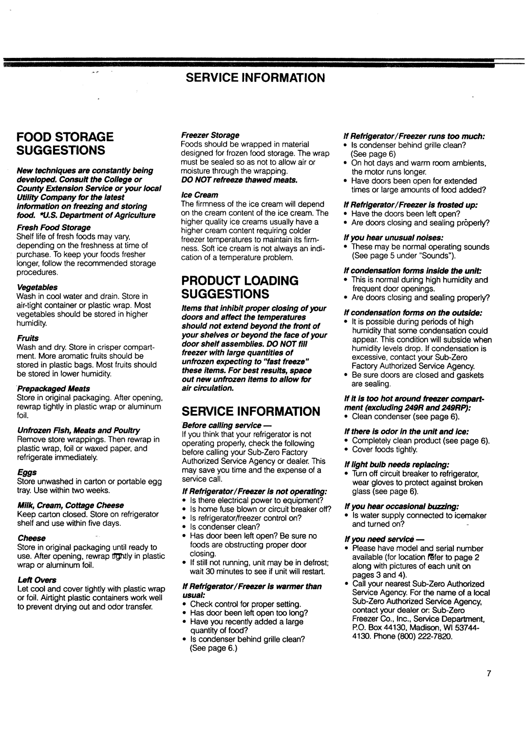 Sears 245 Service Information, Product Loading Suggestions, Food Storage Suggestions, Unfrozen Fish, Meats and Poultry 