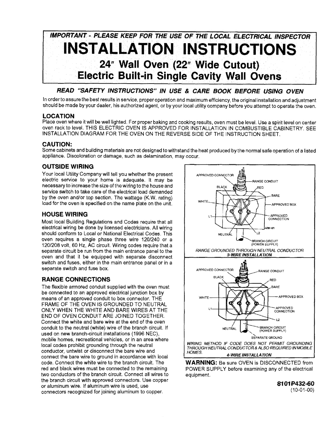 Sears 8101 P432-60 instruction sheet Instructions, Location, House Wiring, Outside Wiring, Range Connections 