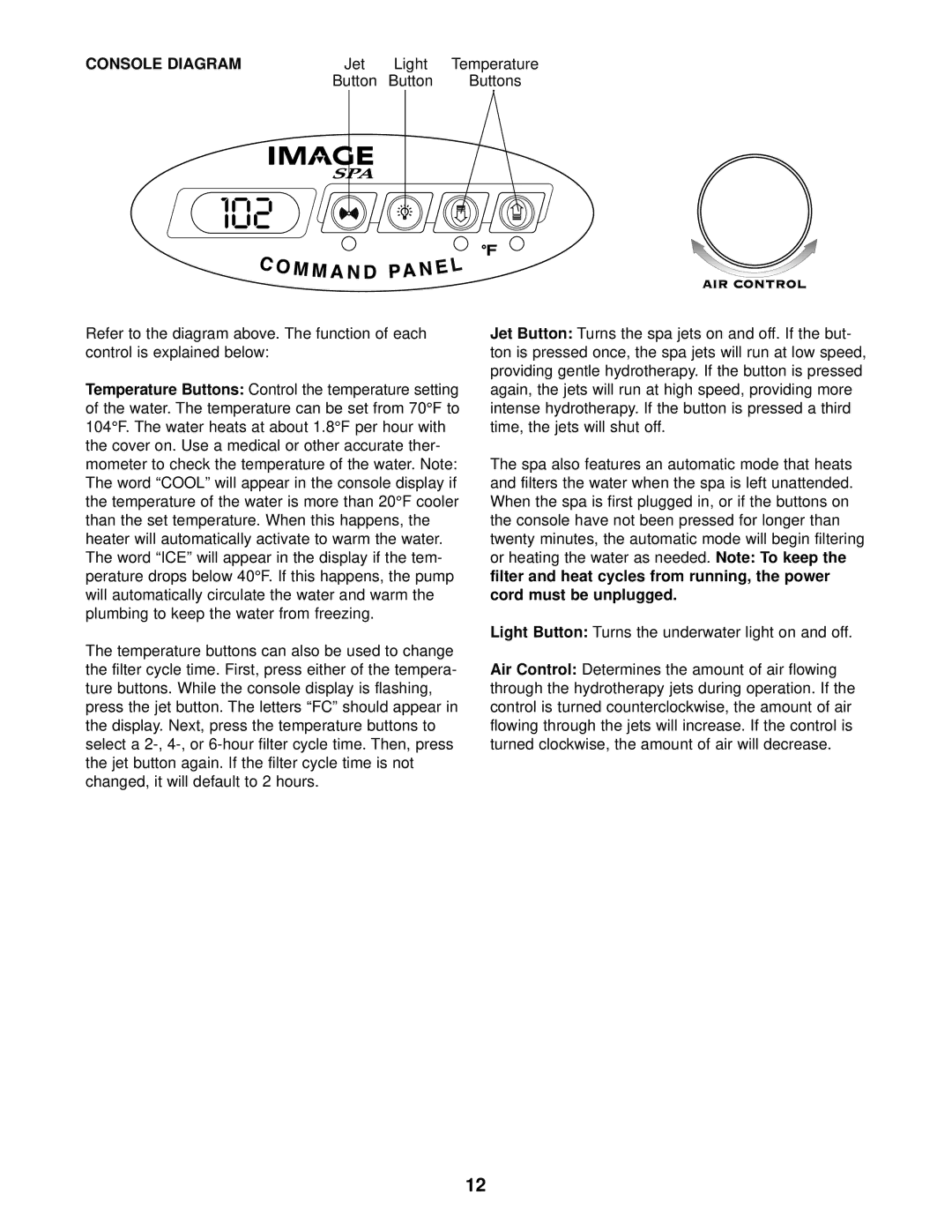 Sears 831.105021 user manual Console Diagram, Or heating the water as needed, Cord must be unplugged Light Button 