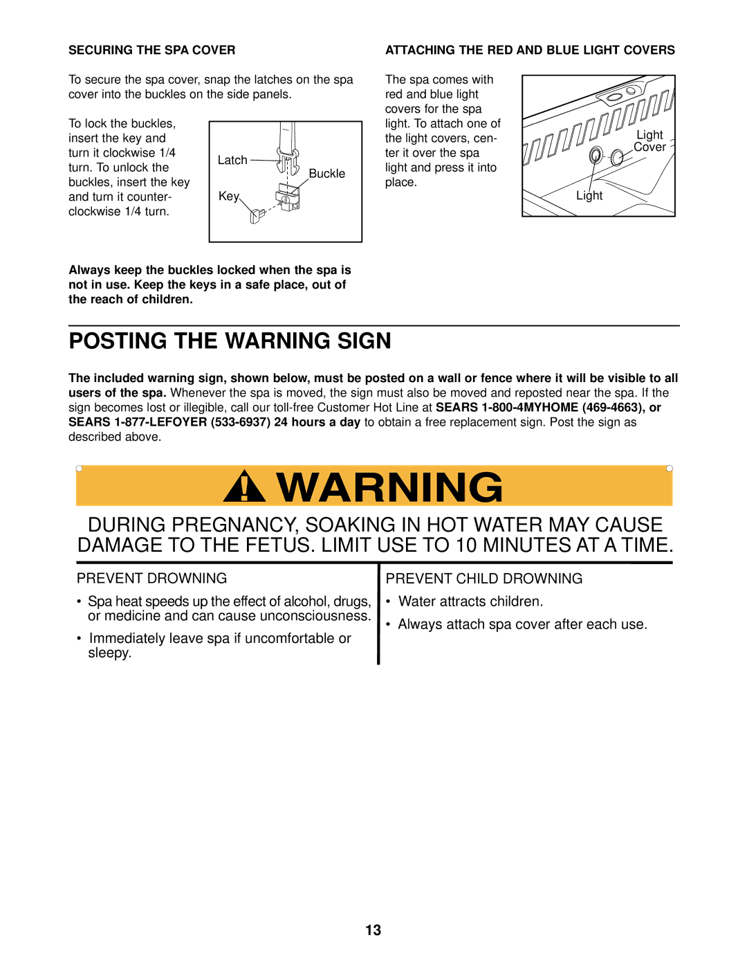 Sears 831.105021 user manual Posting the Warning Sign, Securing the SPA Cover, Attaching the RED and Blue Light Covers 