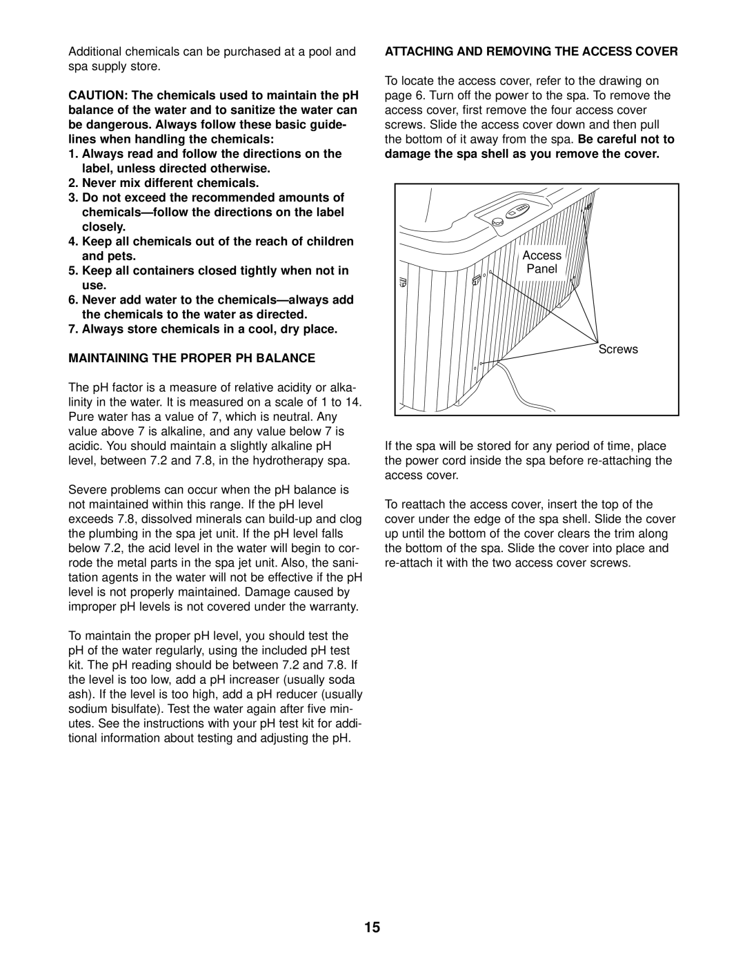 Sears 831.105021 Never mix different chemicals, Always store chemicals in a cool, dry place, Access Panel Screws 