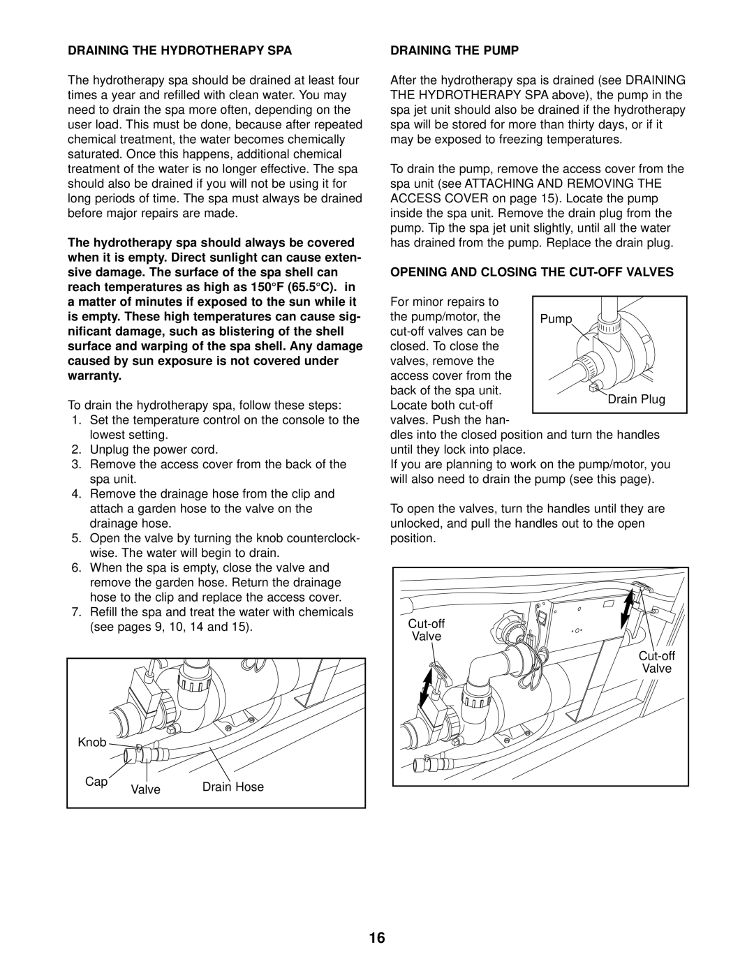 Sears 831.105021 user manual Draining the Hydrotherapy SPA, Hydrotherapy spa should always be covered 