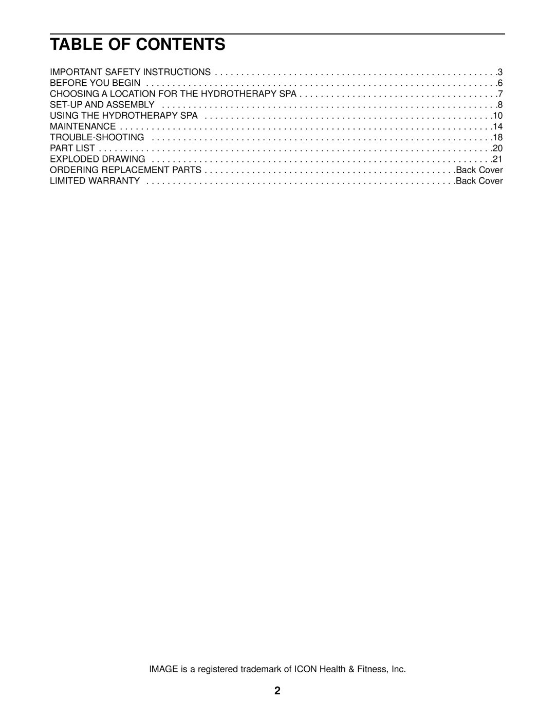 Sears 831.105021 user manual Table of Contents 