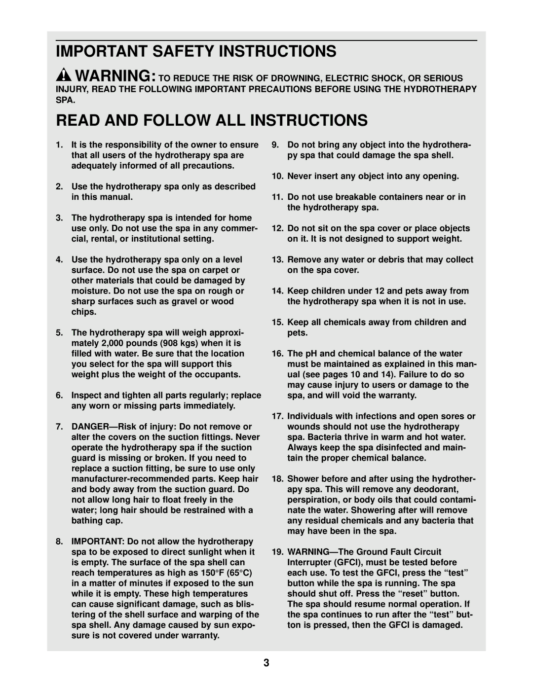 Sears 831.105021 user manual Important Safety Instructions, Spa, Use the hydrotherapy spa only as described This manual 