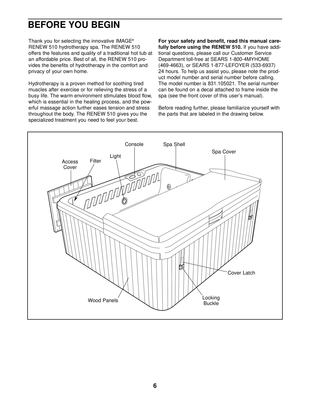 Sears 831.105021 user manual Before YOU Begin, Fully before using the Renew, Privacy of your own home, Panels 