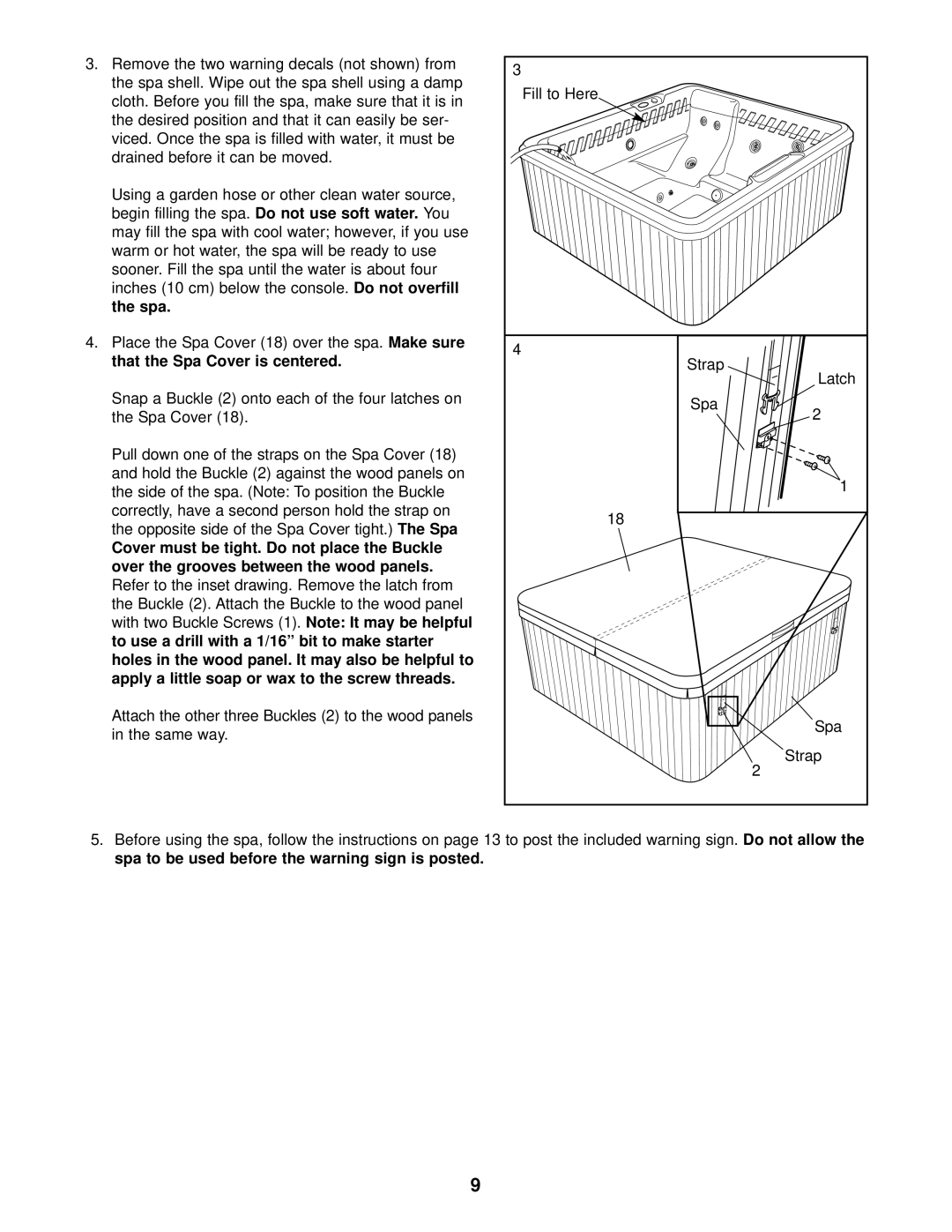 Sears 831.105021 user manual Do not overfill, Spa to be used before the warning sign is posted 