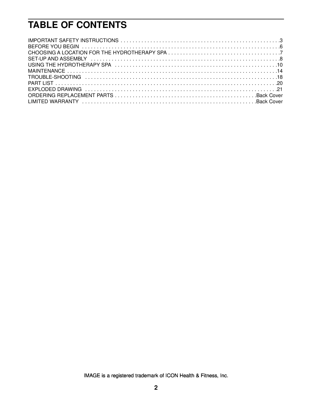 Sears 831.105021 user manual Table Of Contents 