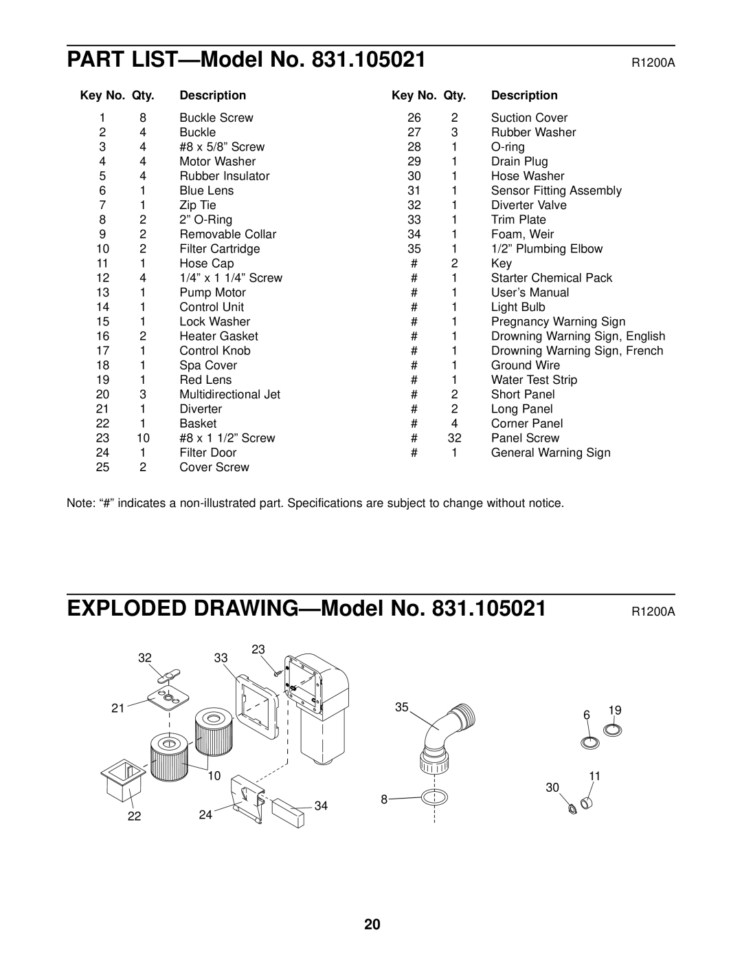 Sears 831.105021 user manual EXPLODED DRAWING-ModelNo, Key No. Qty, Description, PART LIST-ModelNo 