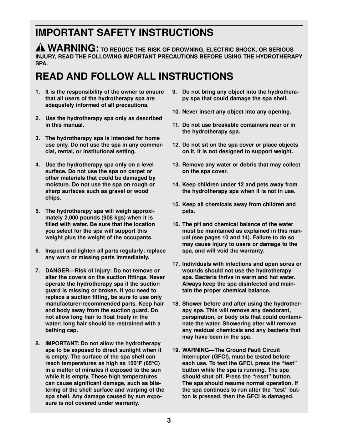 Sears 831.105021 Important Safety Instructions, Read And Follow All Instructions, in this manual, the hydrotherapy spa 