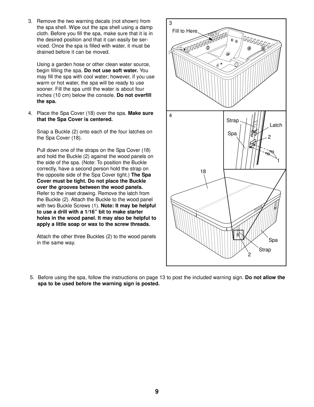 Sears 831.105021 user manual Do not overfill, the spa, spa to be used before the warning sign is posted 