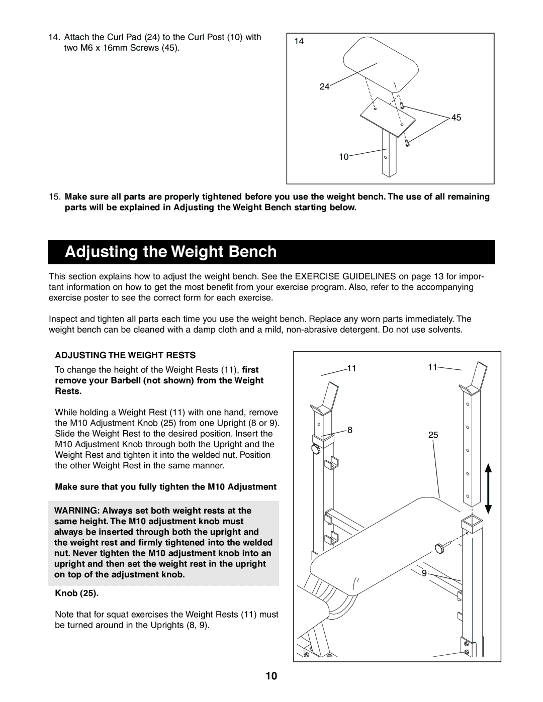 Sears 831.150860 user manual Adjusting the Weight Bench, Adjusting the Weight Rests 