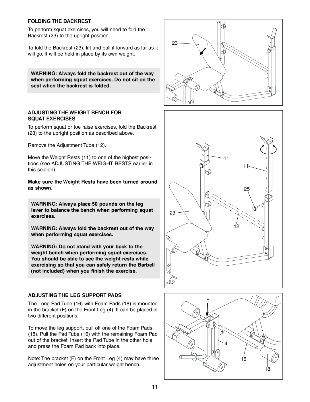 Sears 831.150860 Folding the Backrest, Adjusting the Weight Bench for Squat Exercises, Adjusting the LEG Support Pads 