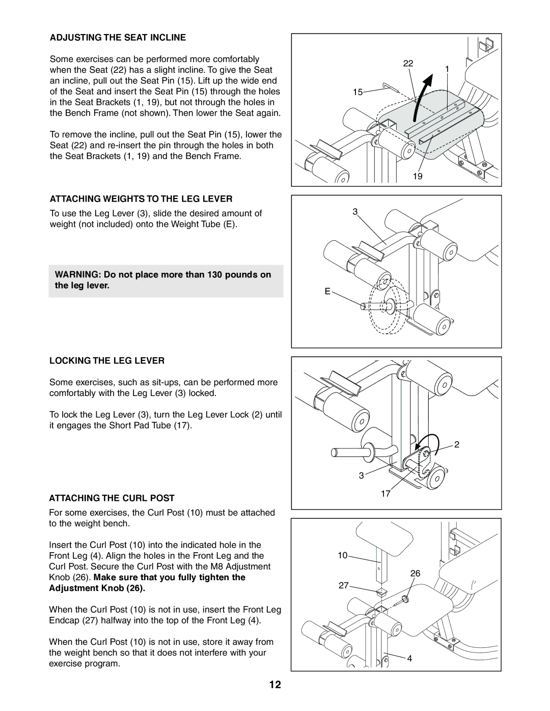 Sears 831.150860 Adjusting the Seat Incline, Attaching Weights to the LEG Lever, Locking the LEG Lever, Adjustment Knob 