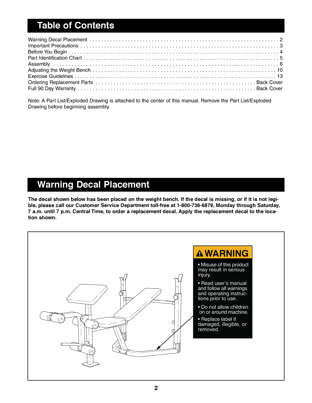 Sears 831.150860 user manual Table of Contents 