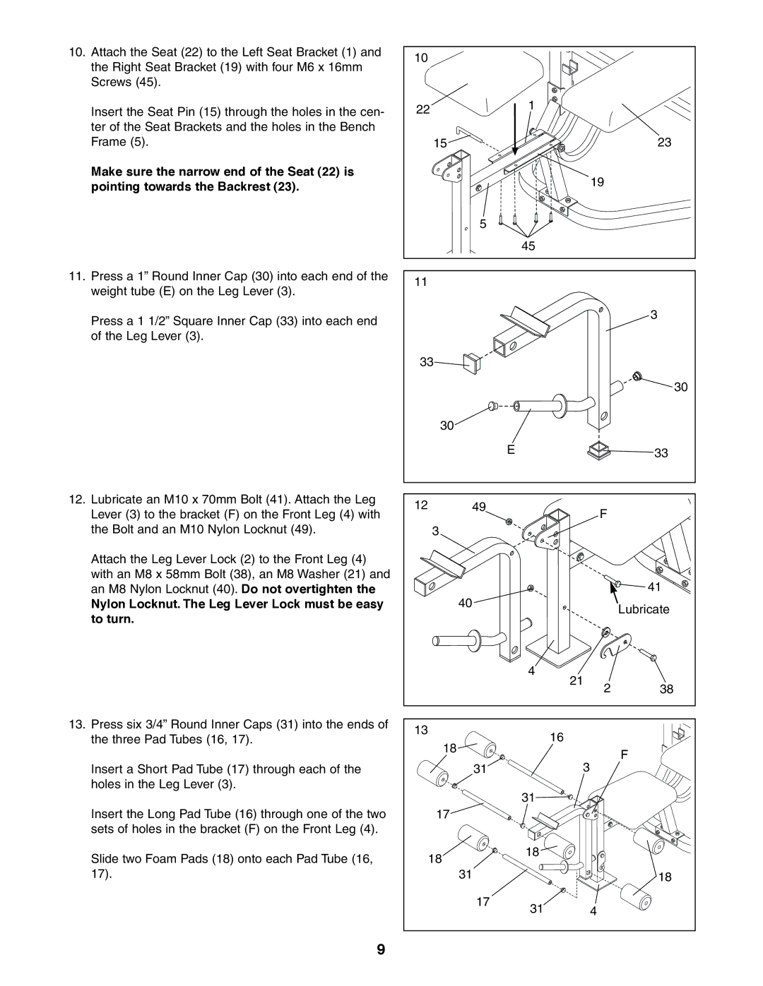 Sears 831.150860 user manual Nylon Locknut. The Leg Lever Lock must be easy to turn 