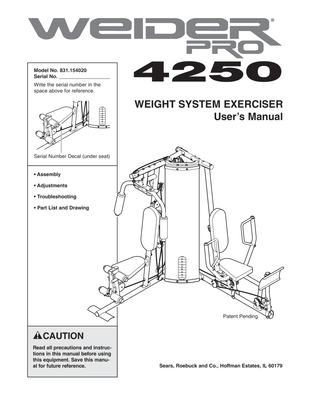 Sears 831.154020 user manual Model No Serial No, Sears, Roebuck and Co., Hoffman Estates, IL 