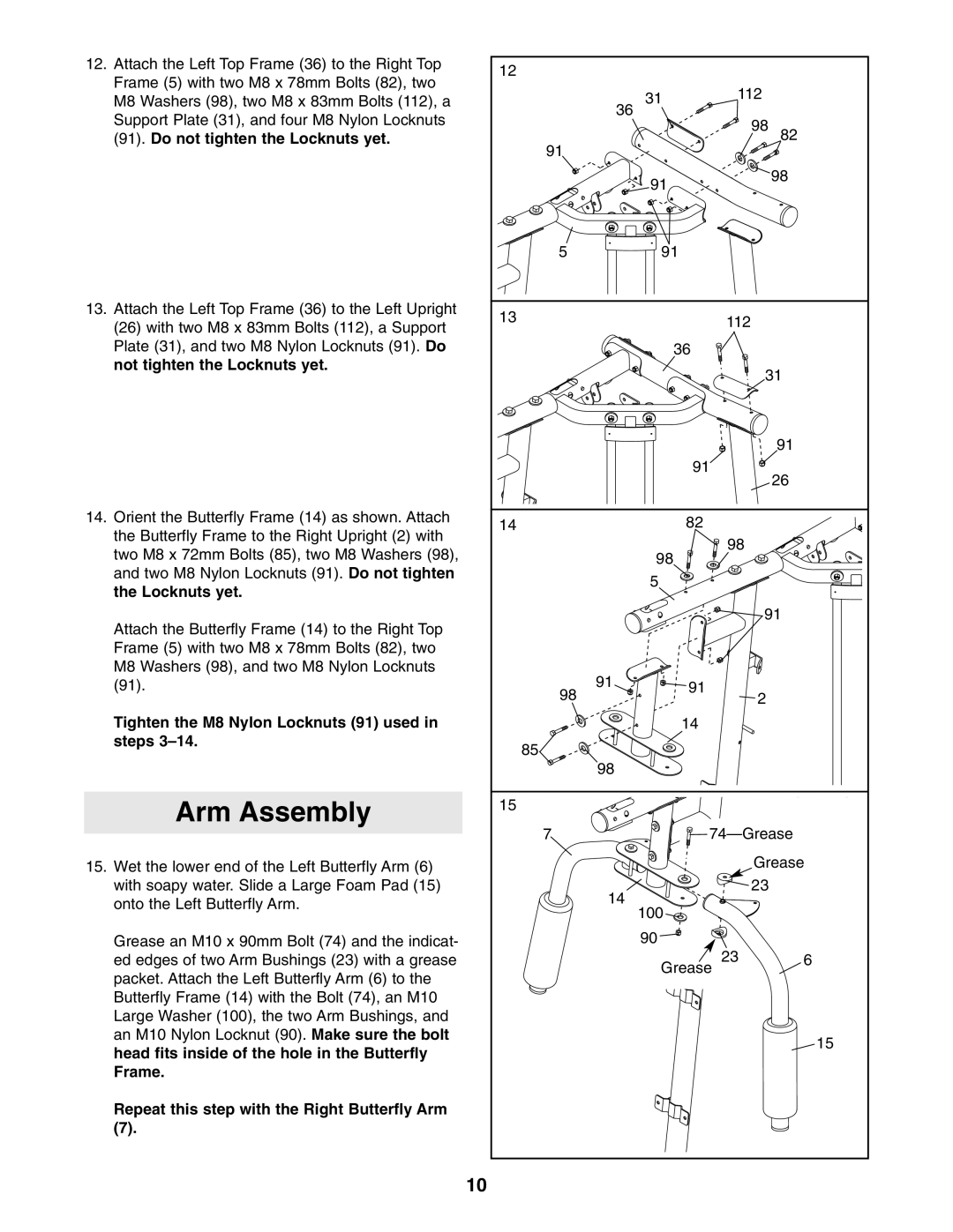 Sears 831.154020 user manual Arm Assembly, Tighten the M8 Nylon Locknuts 91 used in steps 