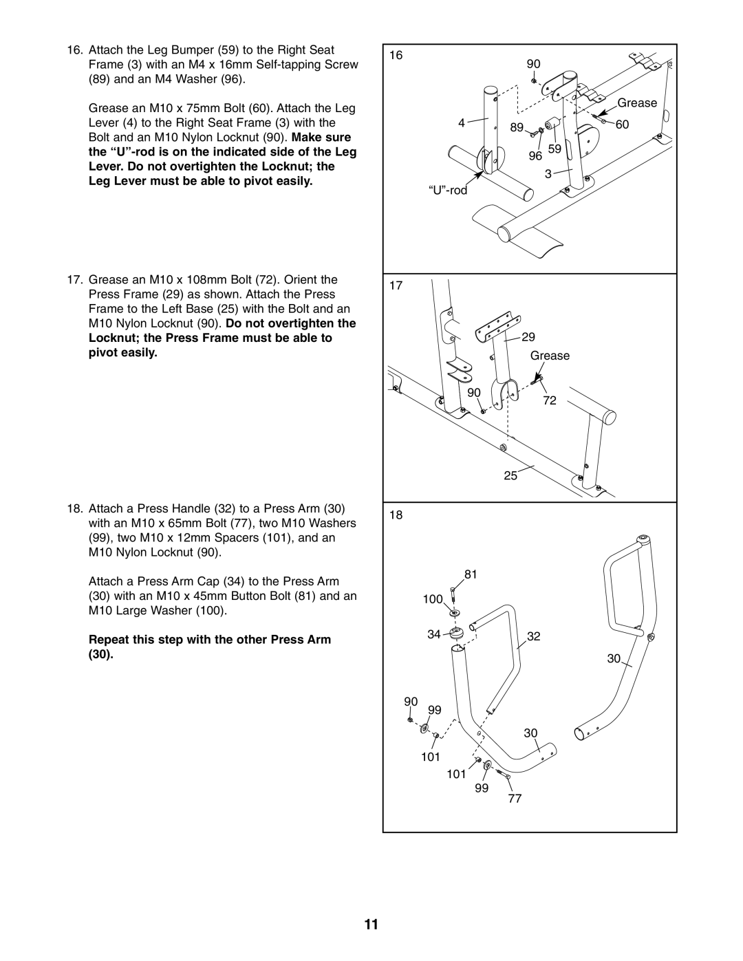 Sears 831.154020 Locknut the Press Frame must be able to pivot easily, Repeat this step with the other Press Arm 