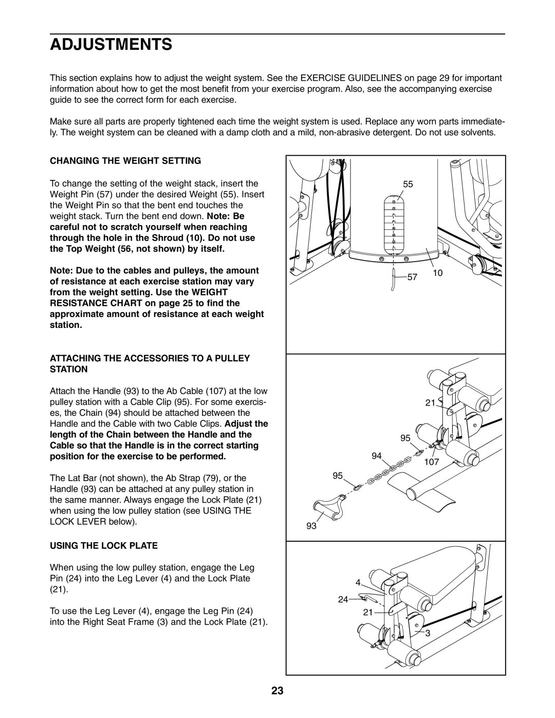 Sears 831.154020 user manual Adjustments, Changing the Weight Setting, Attaching the Accessories to a Pulley Station 