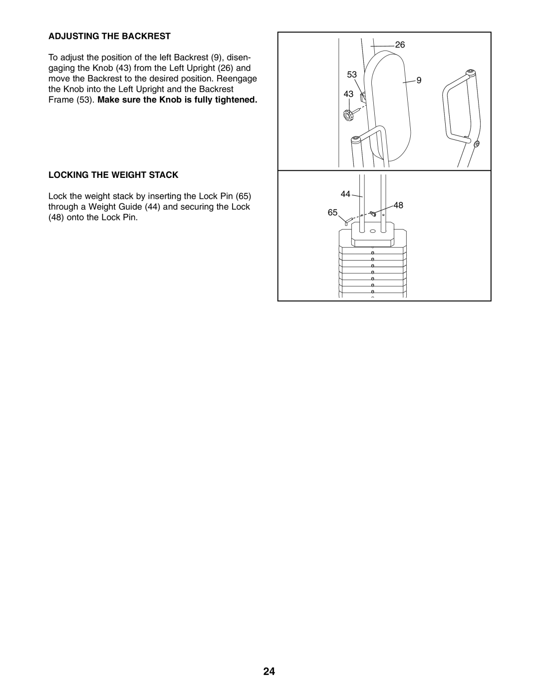 Sears 831.154020 user manual Adjusting the Backrest, Locking the Weight Stack 