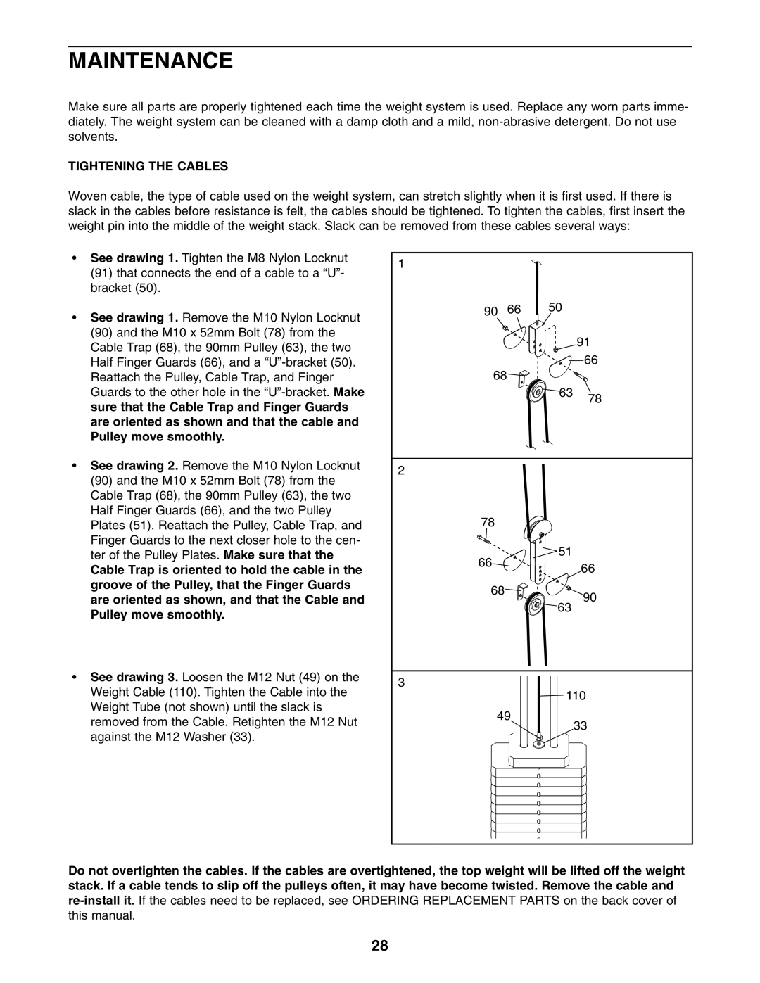 Sears 831.154020 user manual Maintenance, Tightening the Cables 