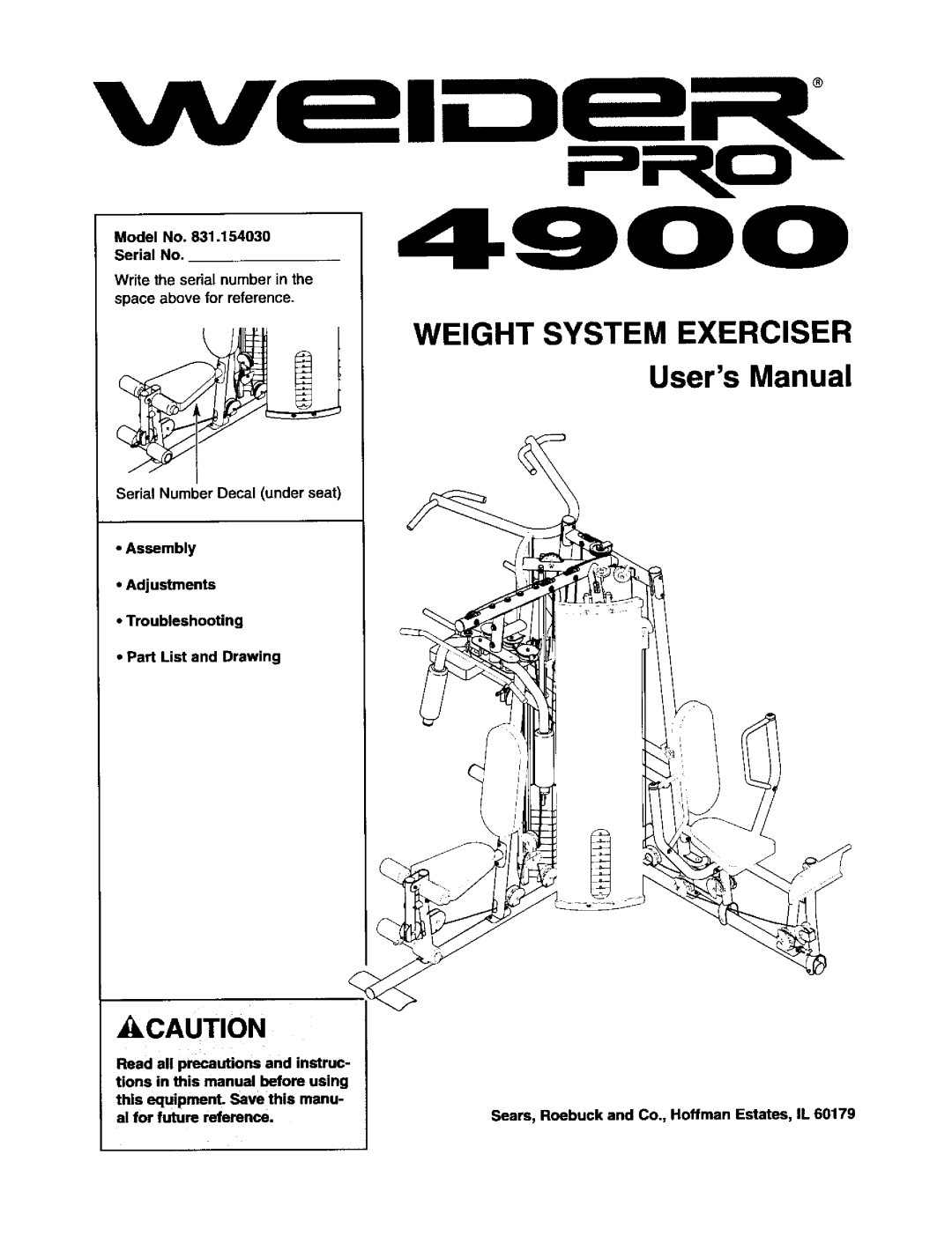 Sears 831.15403 user manual Weight System Exerciser 