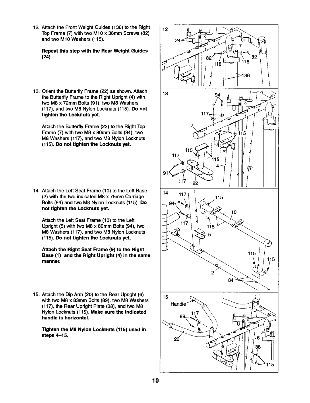 Sears 831.15403 user manual Attach the Front Weight Guides 136 to the Right 