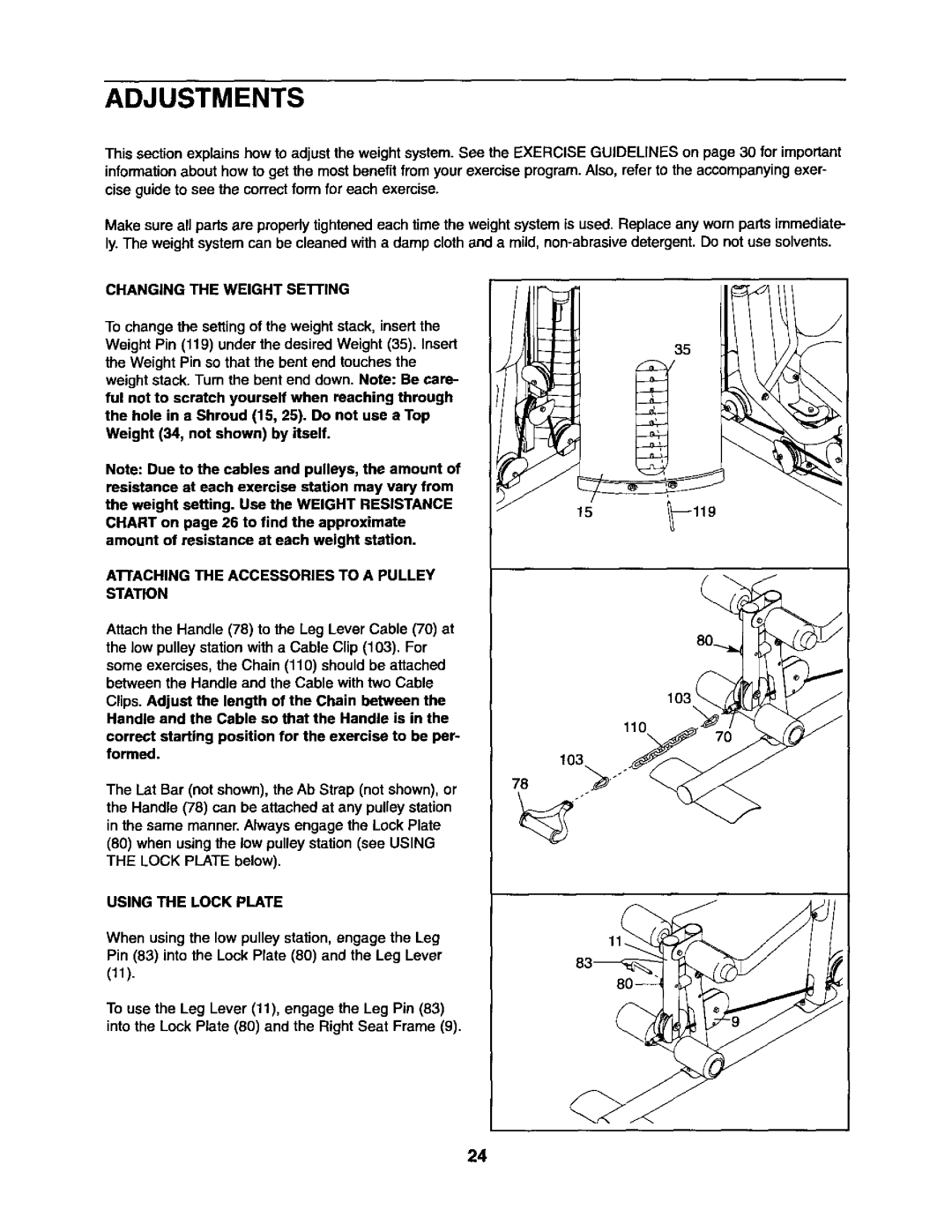 Sears 831.15403 Changing the Weight Setting, Using the Lock Plate, Pin 83 into the Lock Plate 80 and the Leg Lever 