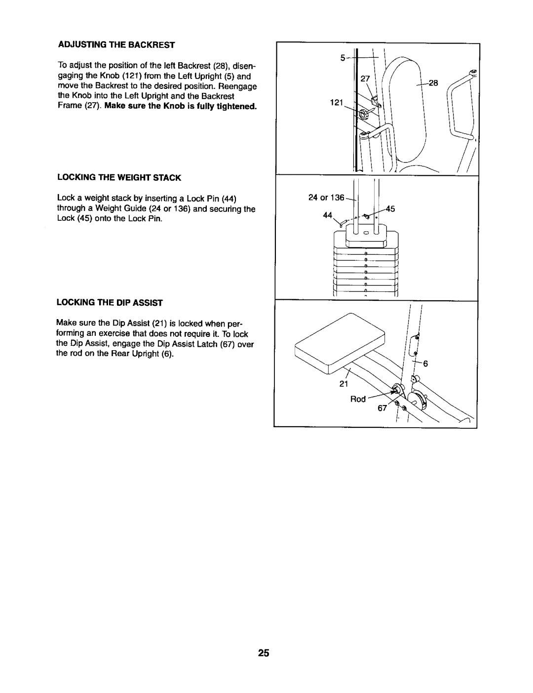 Sears 831.15403 user manual Adjusting the Backrest, Locking the Weight Stack, Locking the DIP Assist 