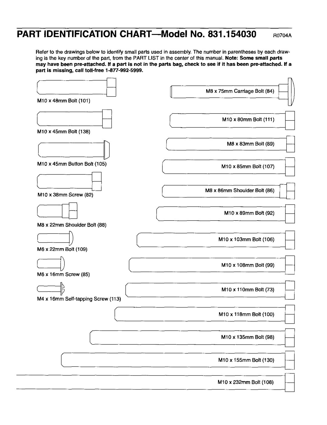 Sears 831.15403 user manual M1O x 8Omm Bolt M10 x 45mm Bolt M8 x 83mm Bolt, M1O x 38mm Screw, M10 x 89mm Bolt 