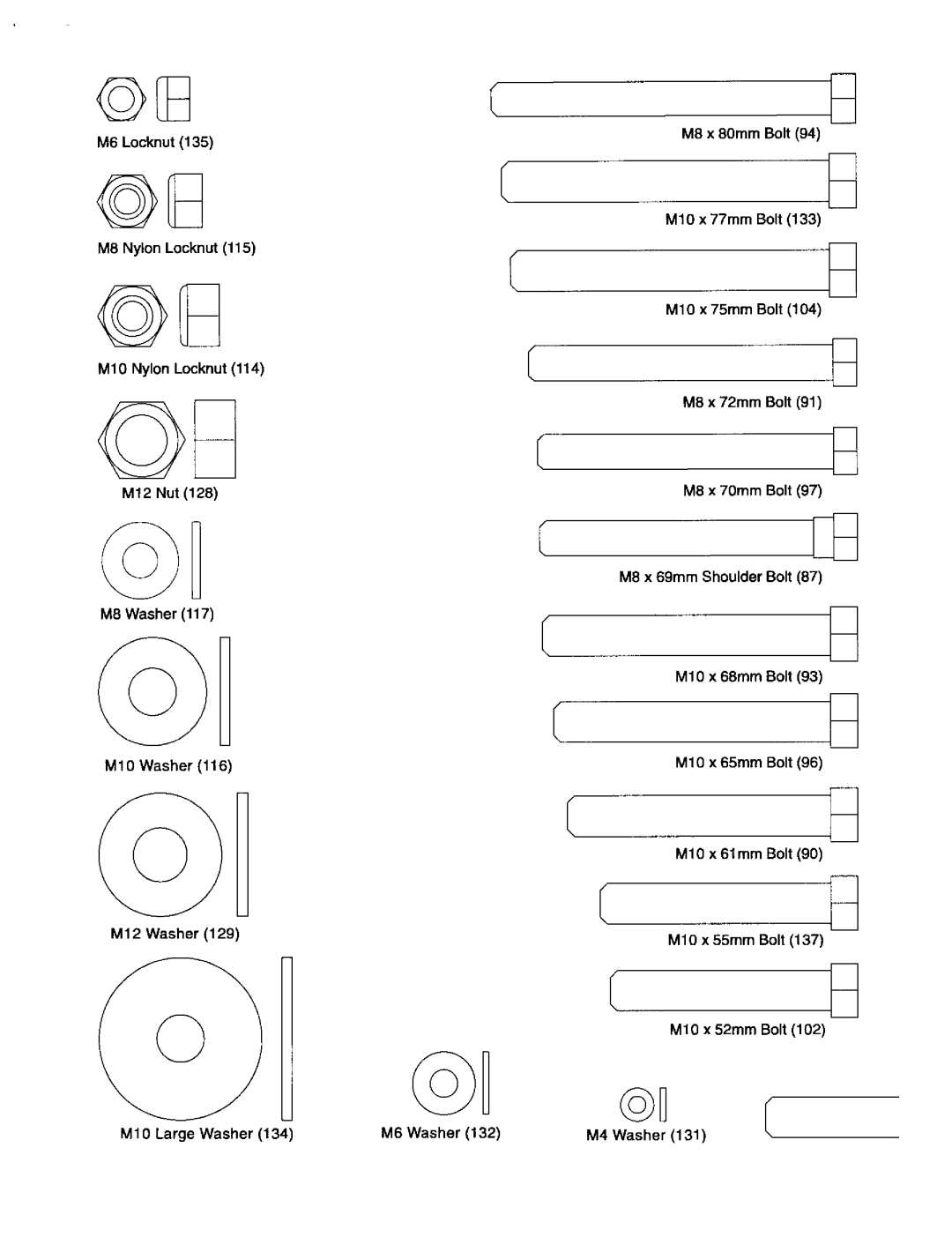 Sears 831.15403 M6Locknut, M12 Nut, M8 x 80mm Bolt, M8 x 70ram Bolt, MIO x 68mm Bolt MIO x 65mm Bolt MIO x 61mm Bolt 