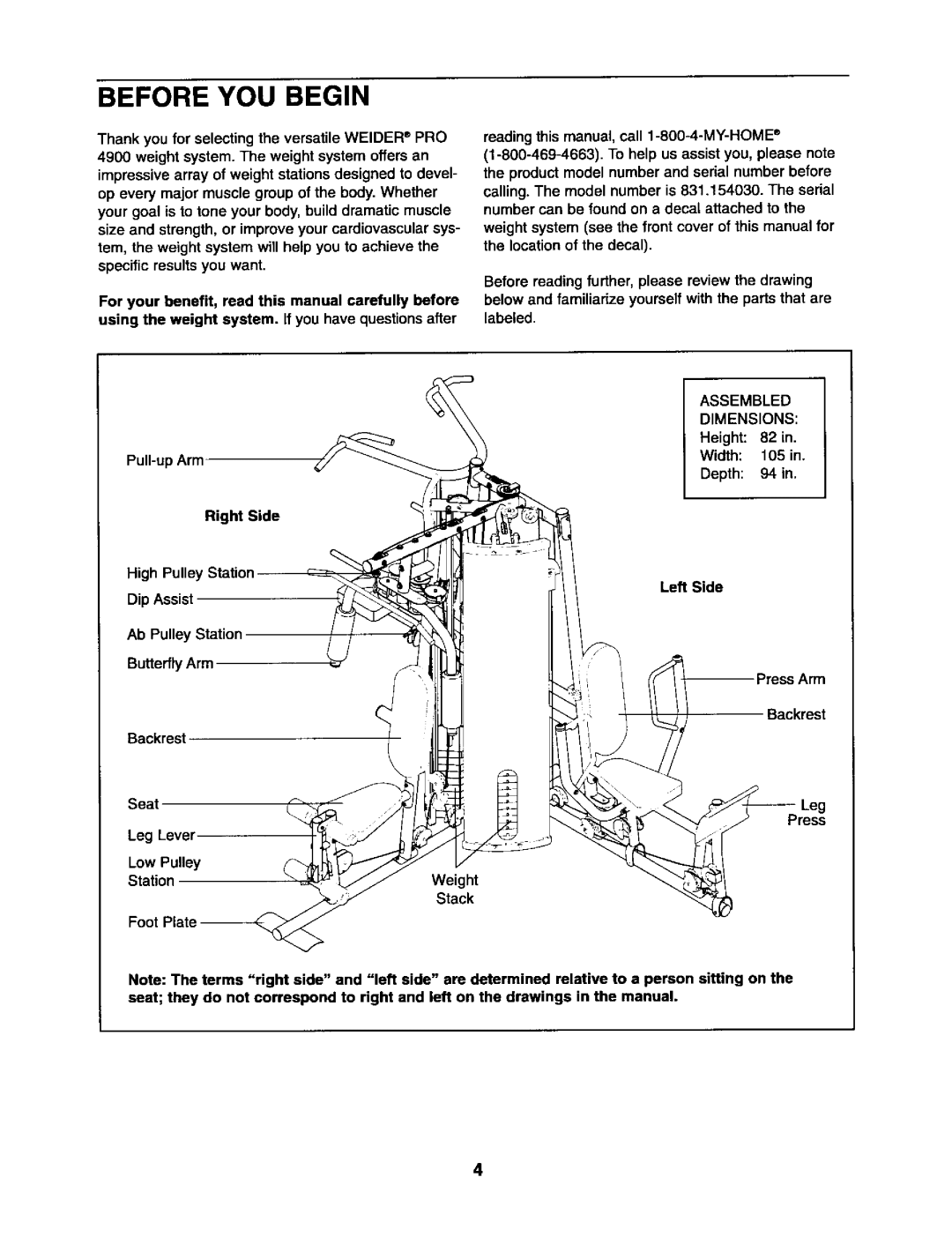 Sears 831.15403 user manual Stack, Assembled Dimensions, Height 82 Width 105 Depth 94 Left Side Press Arm Backrest 