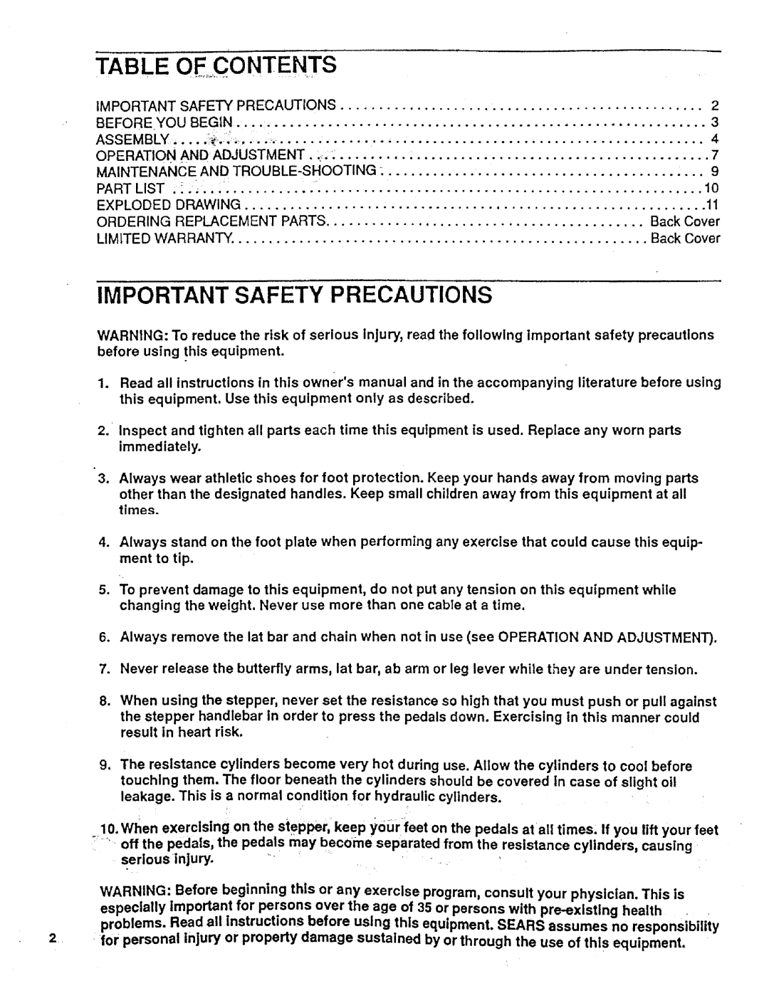 Sears 831.159231 owner manual Important Safety Precautions, OE Contents 