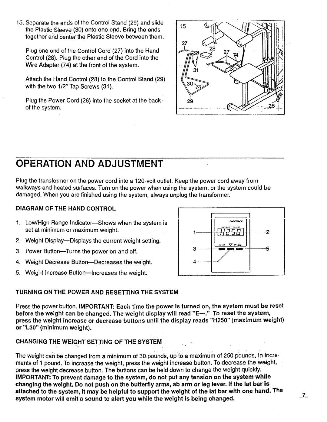 Sears 831.159231 owner manual Operation and Adjustment, Changing the Weight Setting of the System 