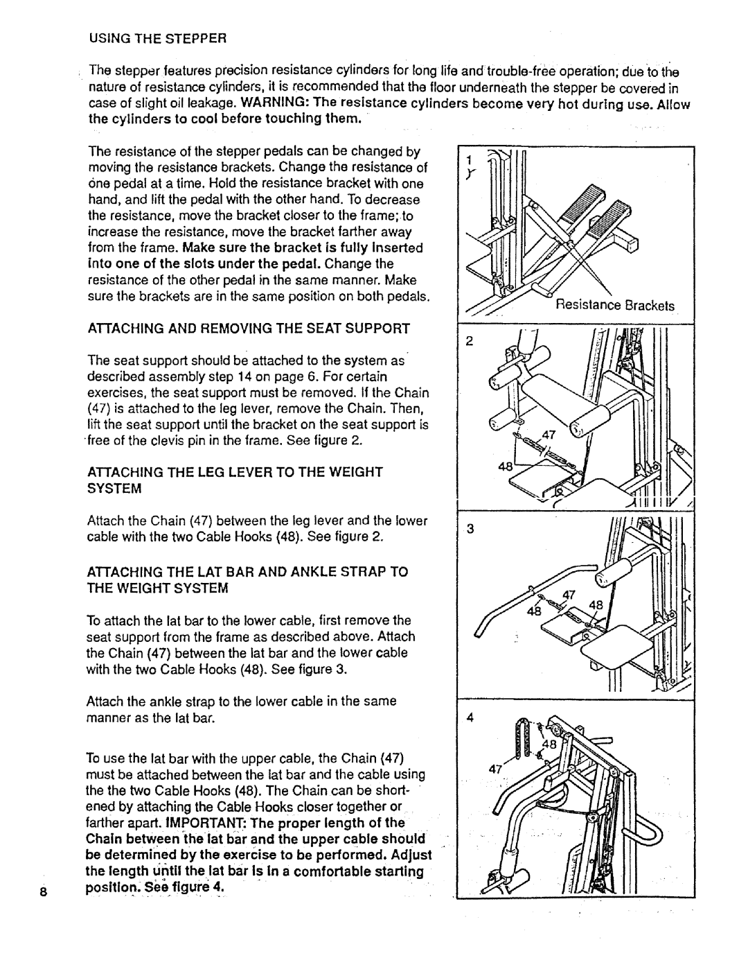 Sears 831.159231 Using the Stepper, Attaching and Removing the Seat Support, Attaching the LEG Lever to the Weight System 