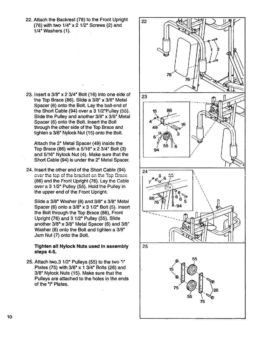 Sears 831.15931 owner manual Tighten all Nylock Nuts used in assembly Steps 