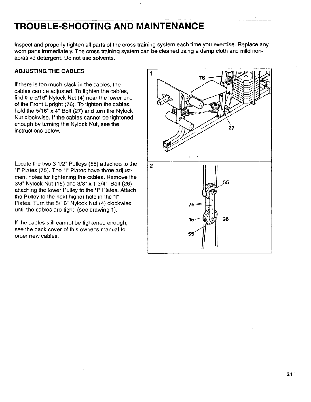 Sears 831.15931 owner manual TROUBLE-SHOOTING and Maintenance, Adjusting the Cables 