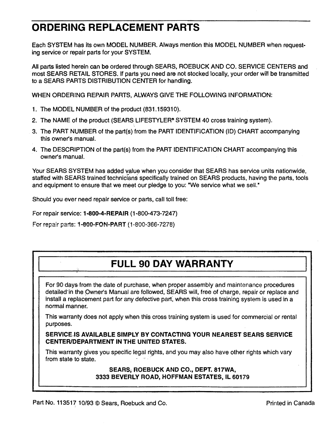 Sears 831.15931 owner manual Ordering Replacement Parts, Full 90 DAY Warranty 