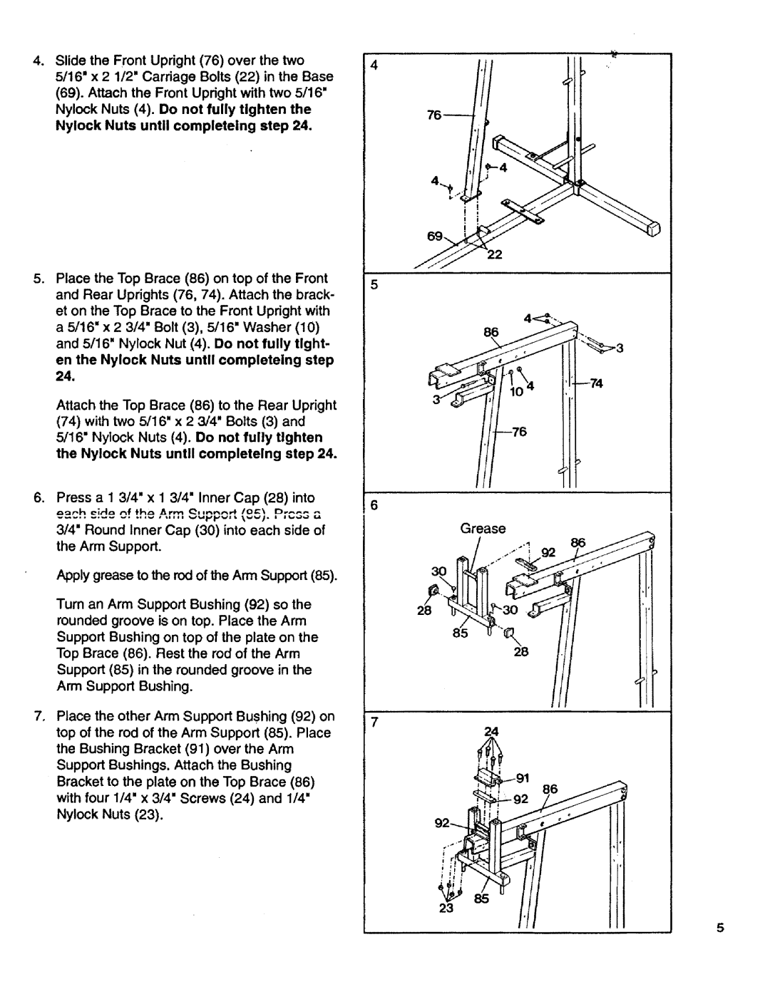 Sears 831.15931 En the Nylock Nuts until completeing step, Round Inner Cap 30 into each side of the Arm Support 