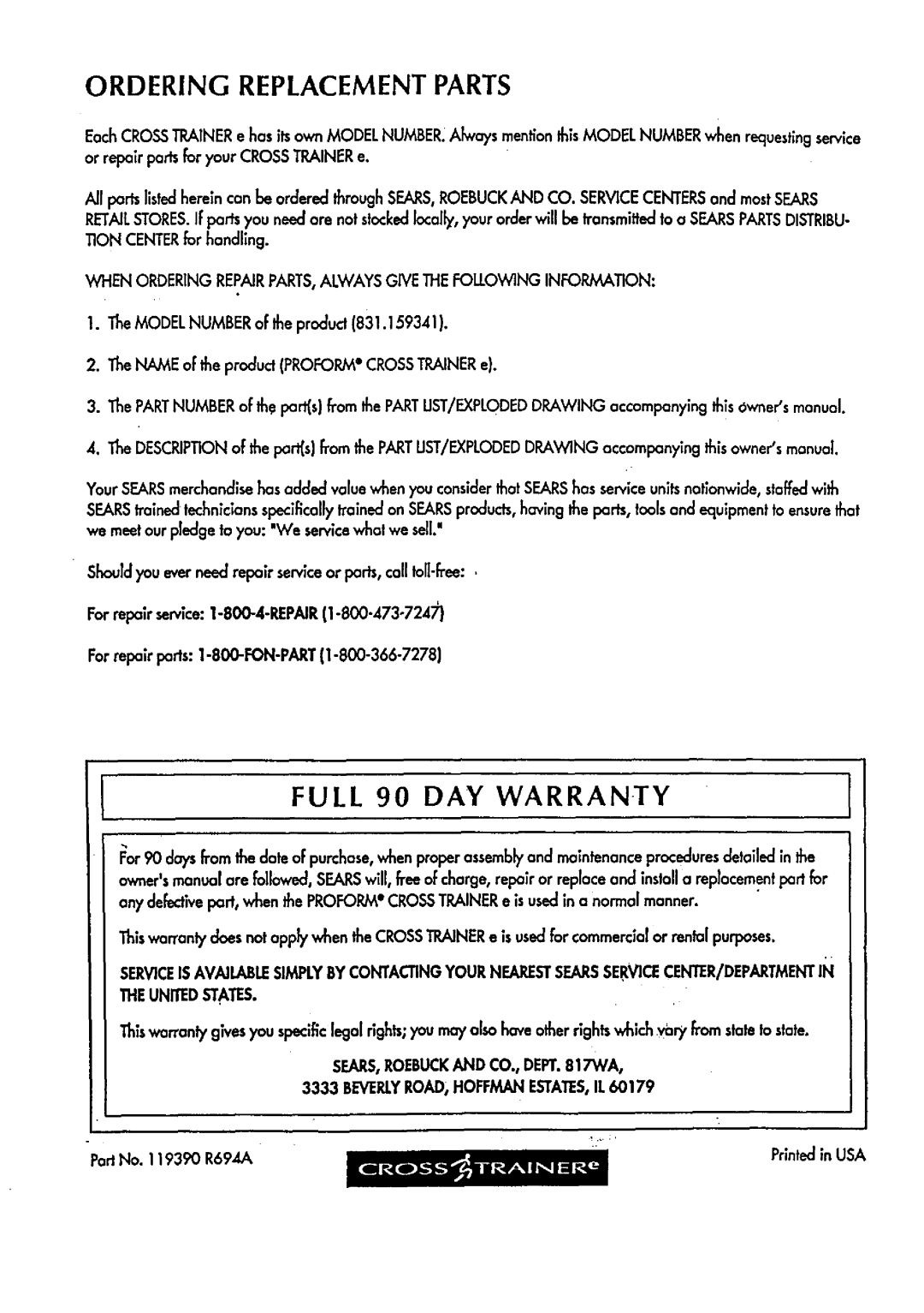 Sears 831.15934 manual Ordering Replacement Parts, Theunited States 